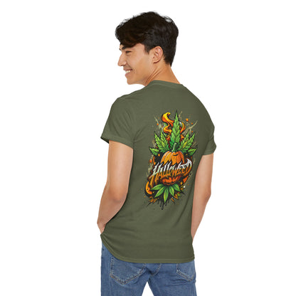 Hallowed Harvest Tee — Halloween Mask & Pumpkin Graphic T-Shirt