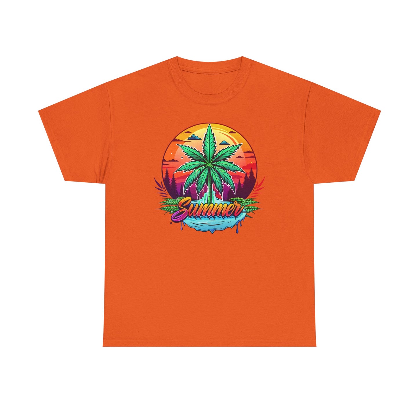 Summer Cannabis Leaf T-Shirt – Retro Tropical Sunset Tee Both