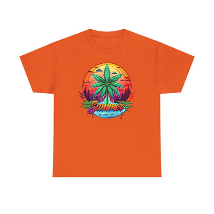 Summer Cannabis Leaf T-Shirt – Retro Tropical Sunset Tee Both