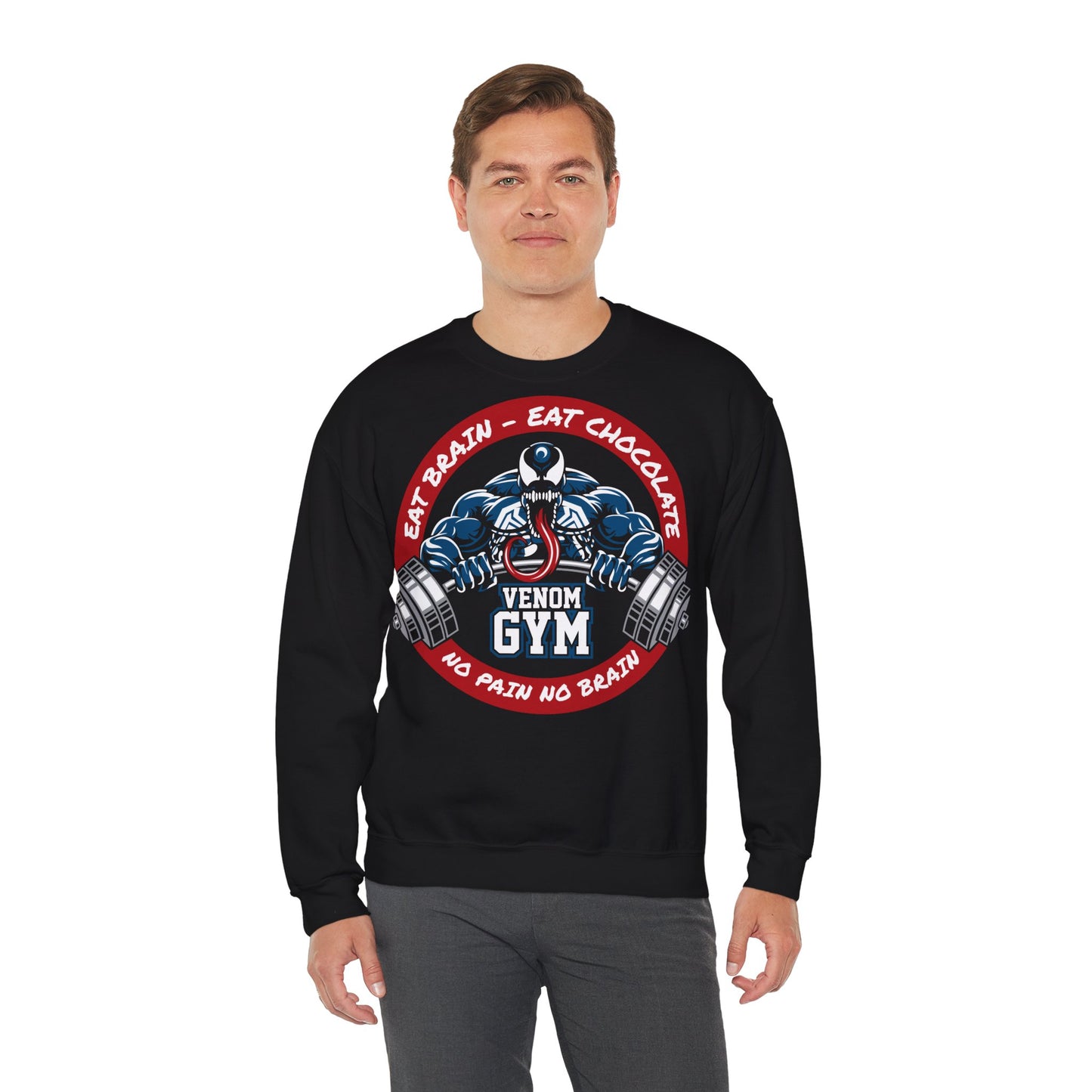 Venom Gym Motivational Crewneck Sweatshirt - Eat Brain, Eat Chocolate Black