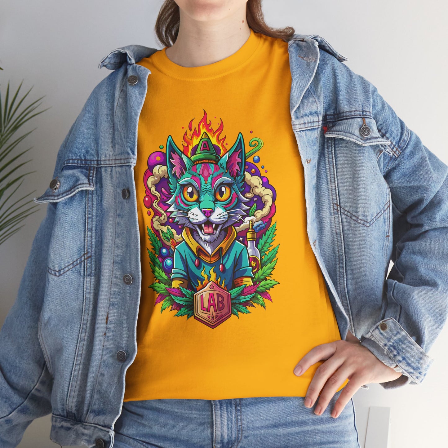 Psychedelic Flame Cat Graphic Tee — Colorful Trippy Cat Design