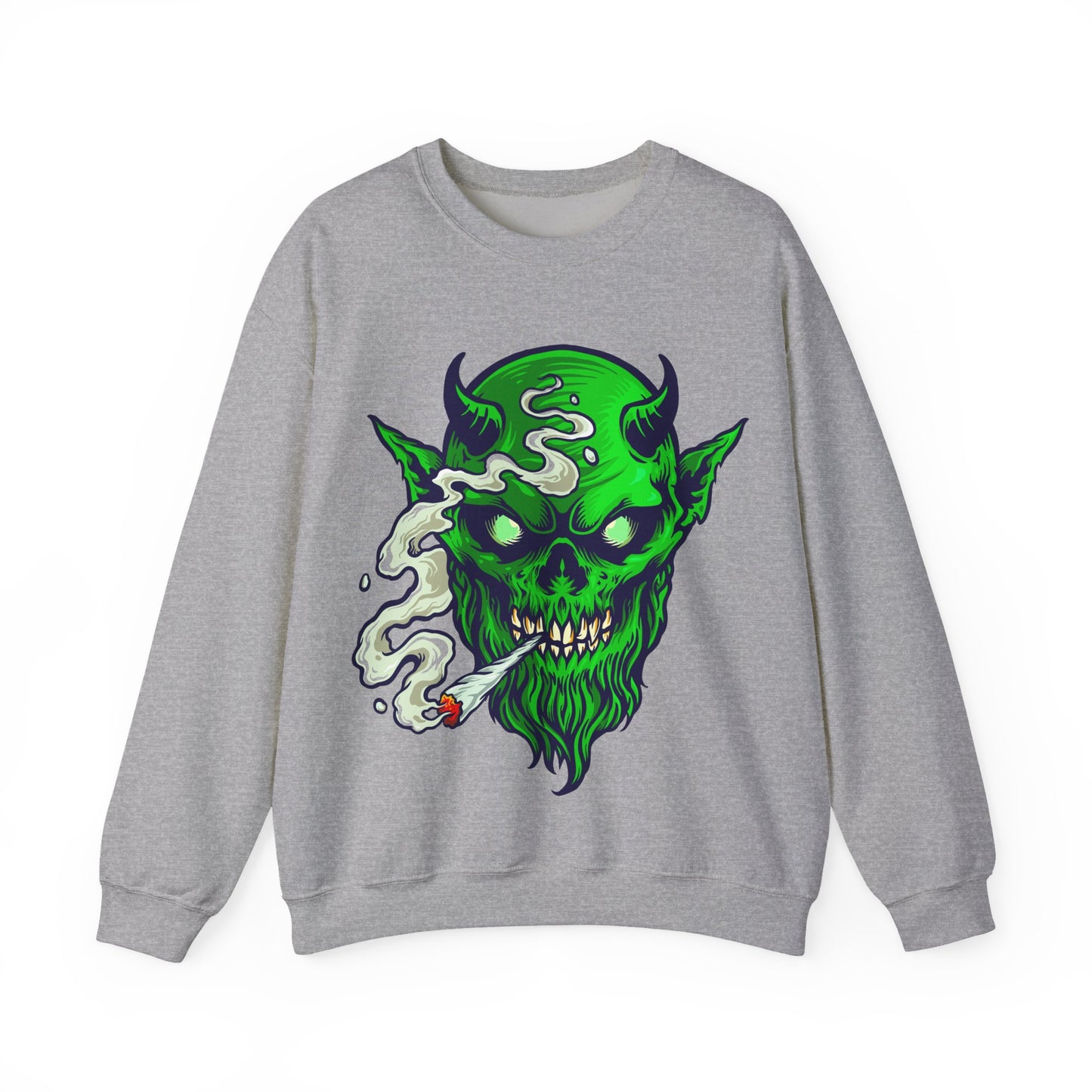 Smoking Green Demon Skull Sweatshirt — Creepy Stoner Graphic