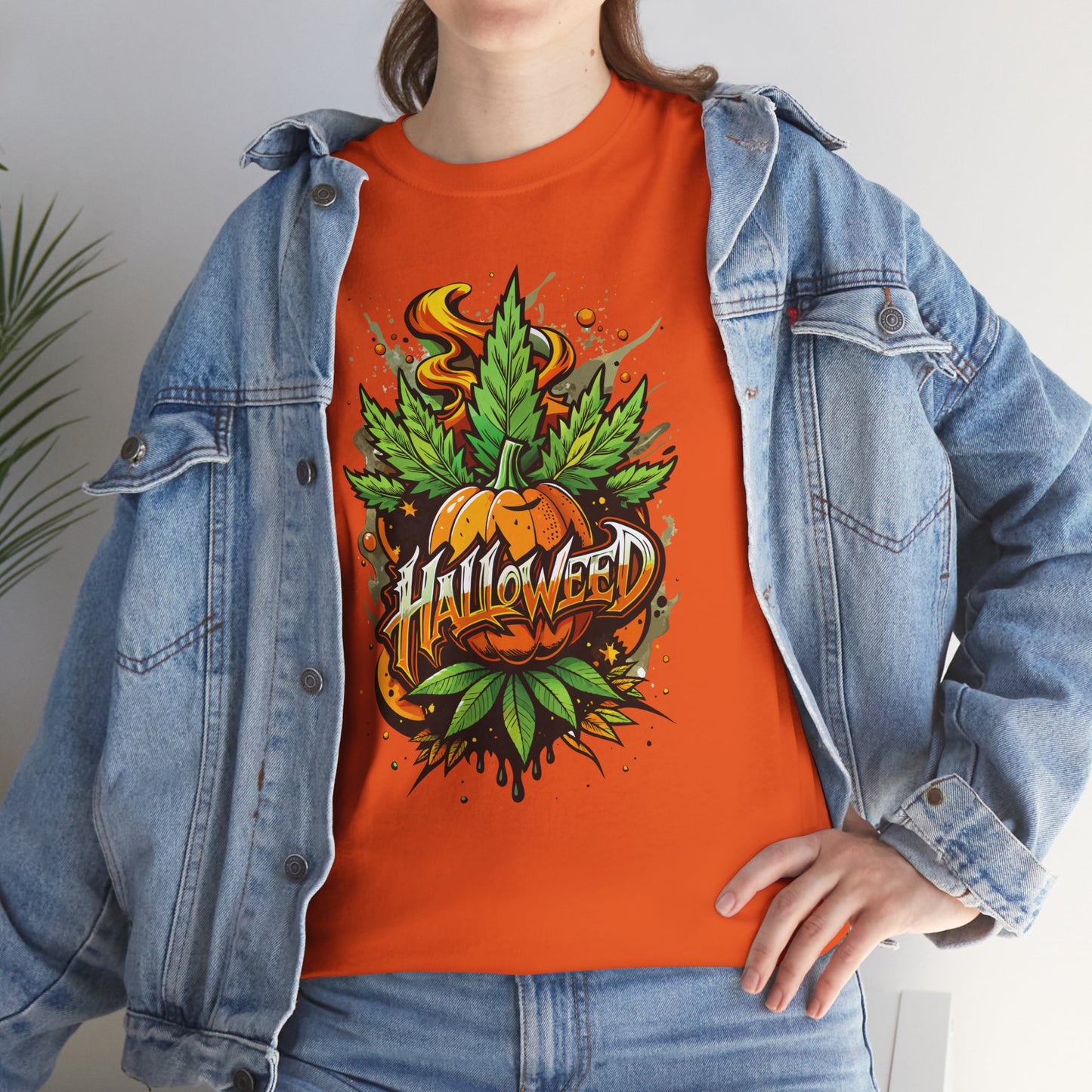 Halloween Pumpkin Graphic Tee — 'Halloween' Pumpkin & Leaves Illustration