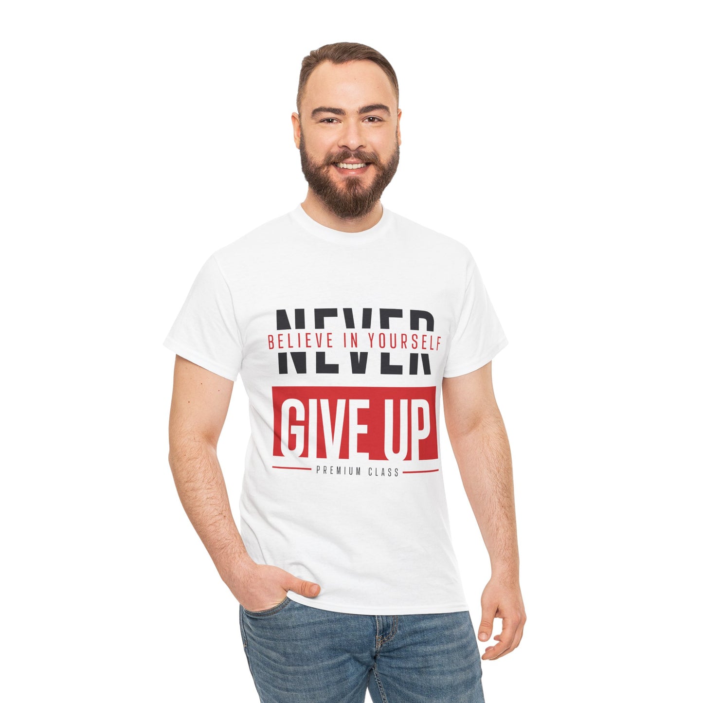 Motivational Unisex Heavy Cotton Tee - 'Never Give Up - Believe in Yourself'