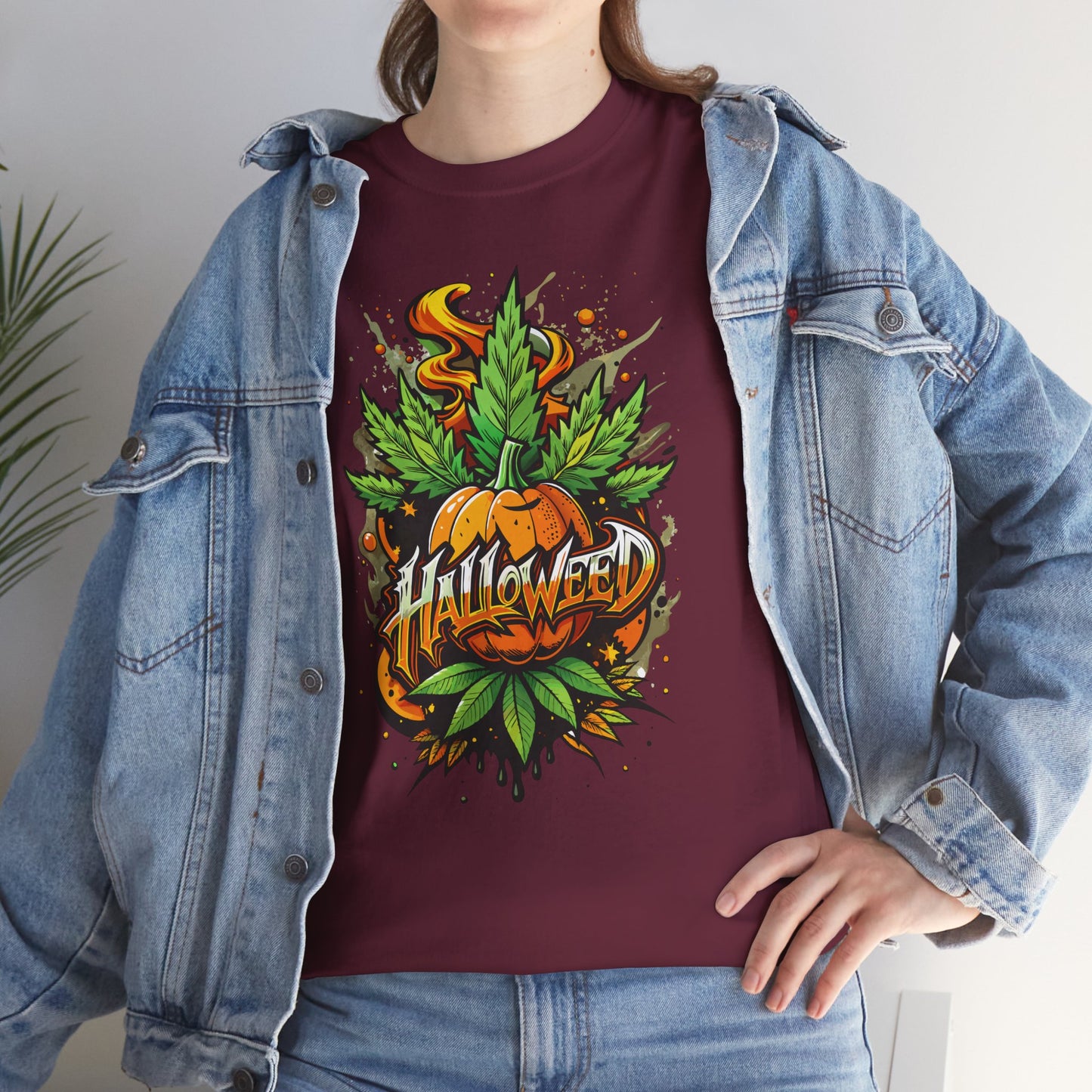 Halloween Pumpkin Graphic Tee — 'Halloween' Pumpkin & Leaves Illustration