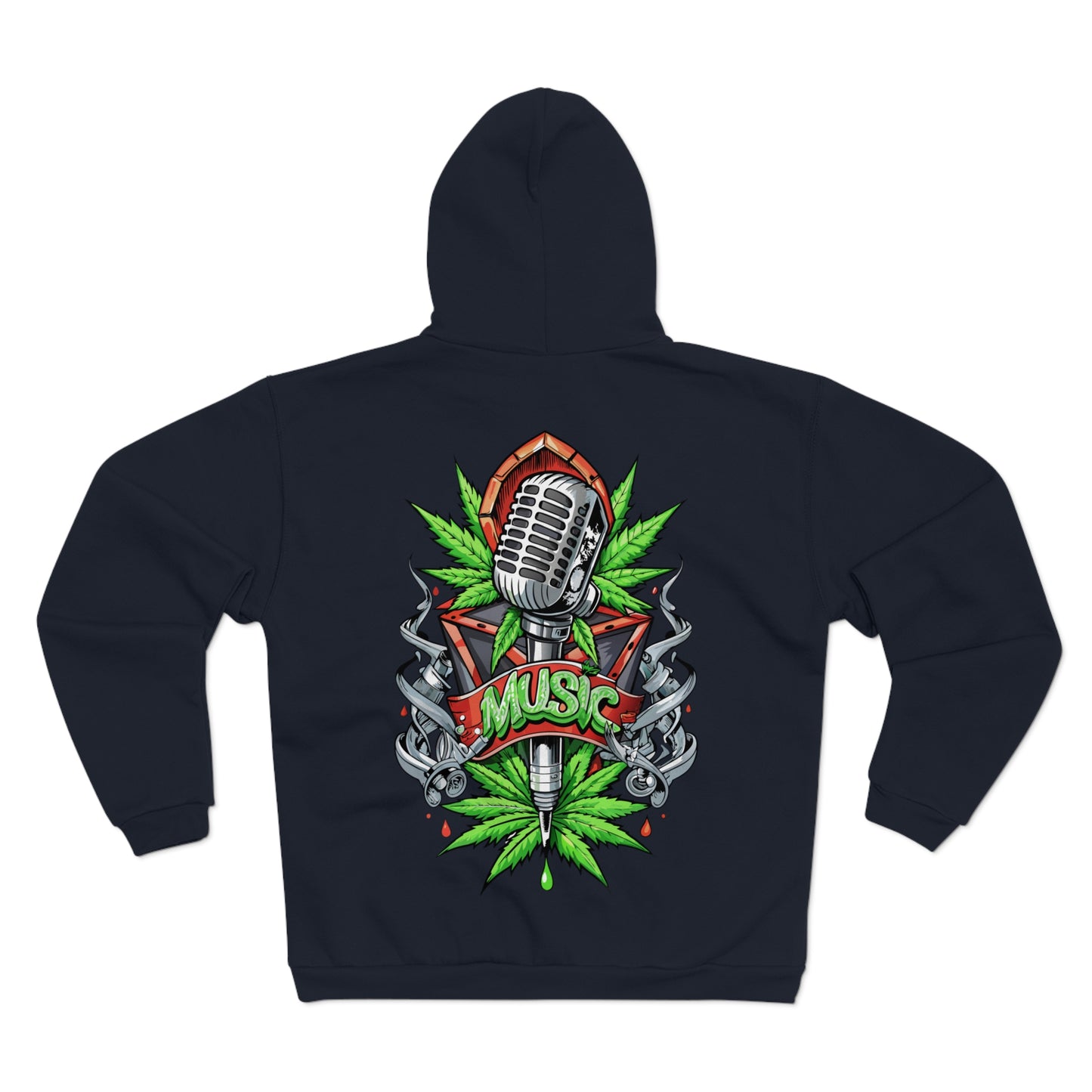 Music Microphone Zip Hoodie — Retro Mic & Leaf Graphic Zip Hoodie