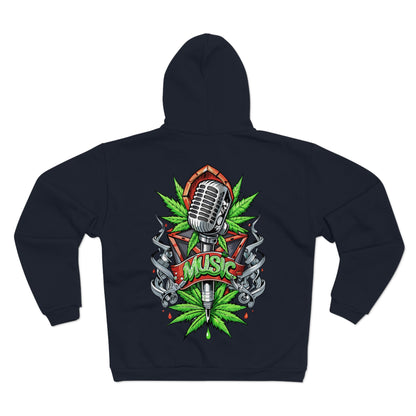 Music Microphone Zip Hoodie — Retro Mic & Leaf Graphic Zip Hoodie