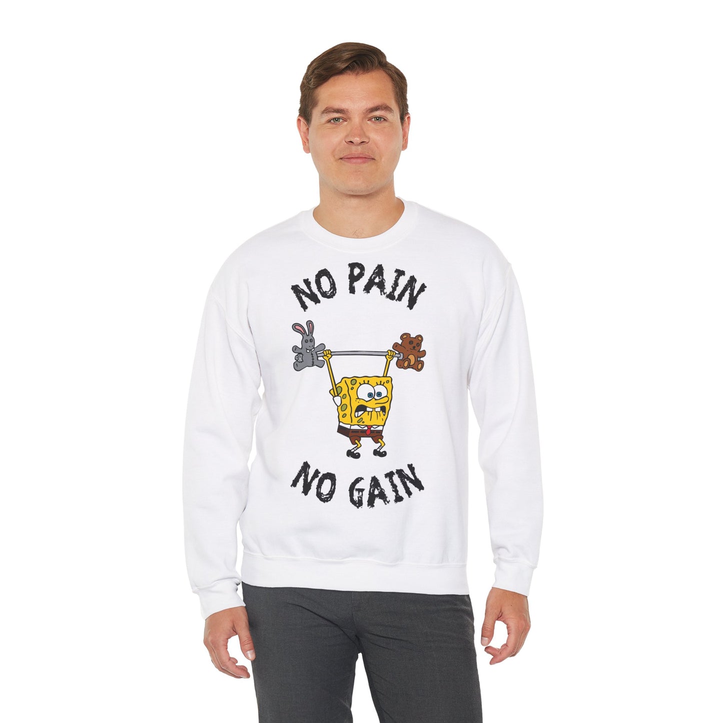 No Pain No Gain Unisex Heavy Blend™ Crewneck Sweatshirt | Fun SpongeBob Design for Fitness Lovers White