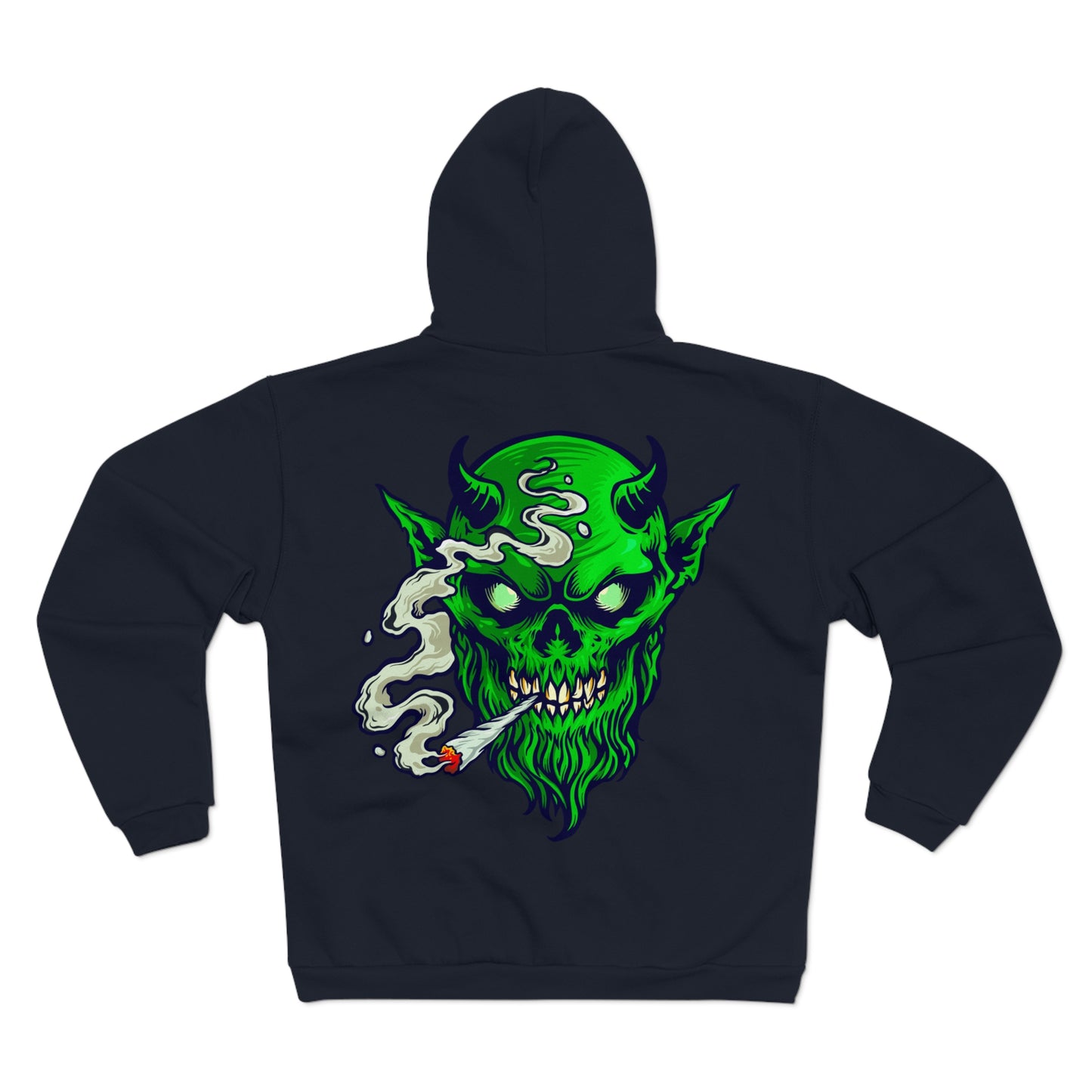 Smoking Goblin Zip Hoodie — Neon Green Demon Skull Back Graphic