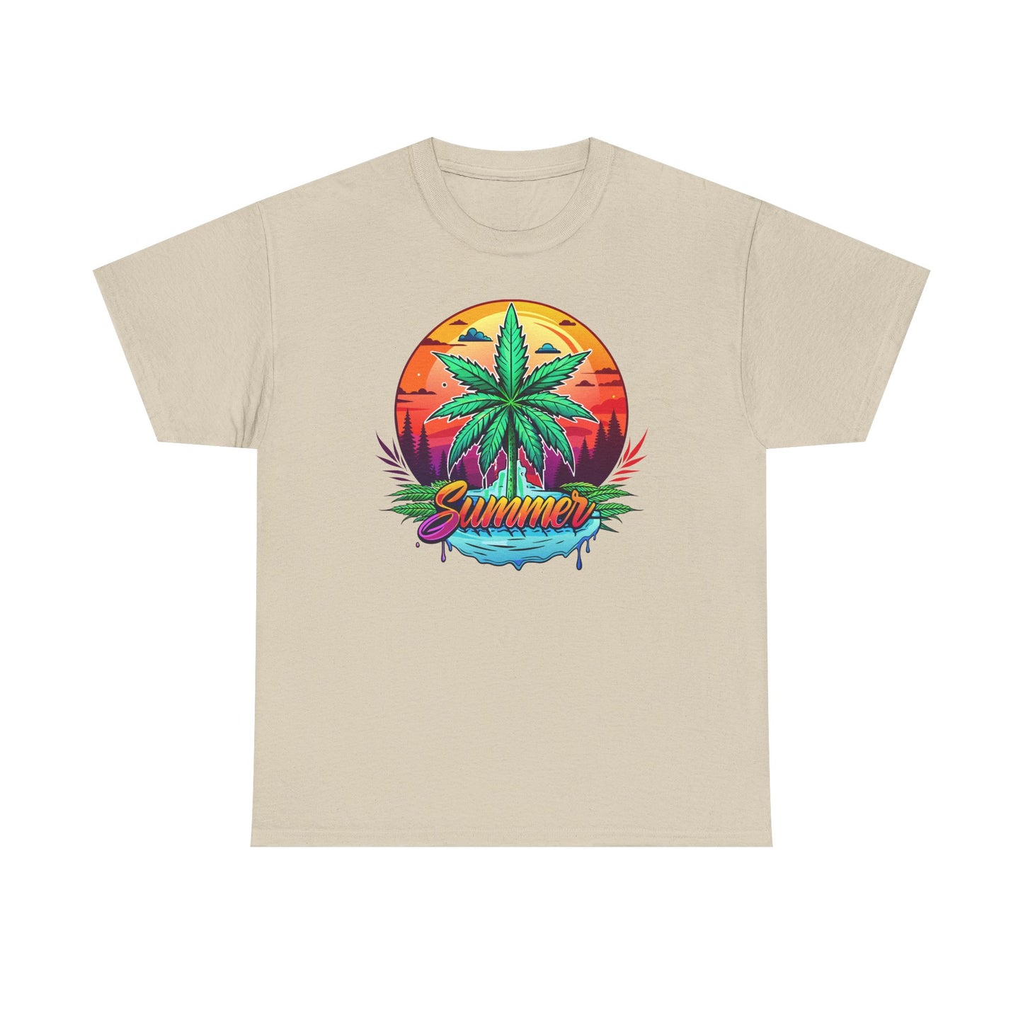 Summer Cannabis Leaf T-Shirt – Retro Tropical Sunset Tee
