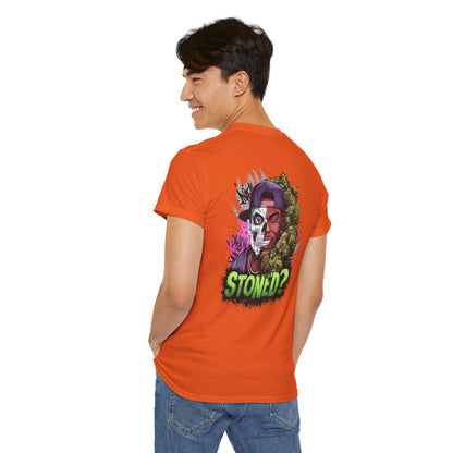 T-Shirt — 'Stoned?' Skull Face Graphic Tee for Cannabis Lovers