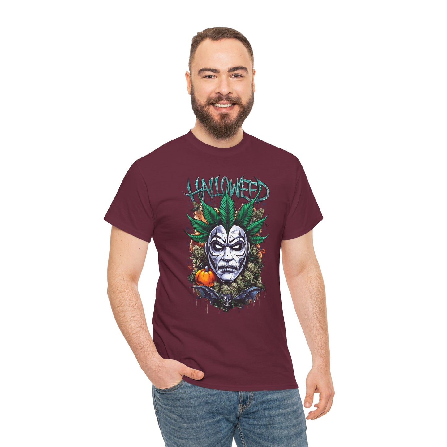 Hallowed Harvest Tee — Halloween Mask & Pumpkin Graphic T-Shirt
