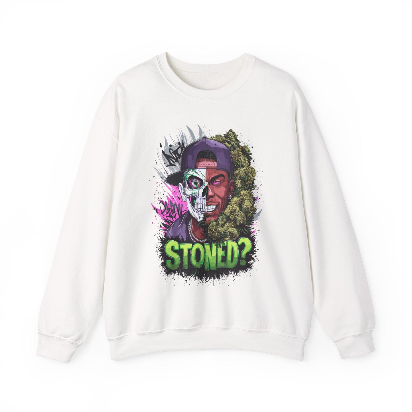 Sweatshirt— 'Stoned?' Skull Face Graphic for Cannabis Lovers