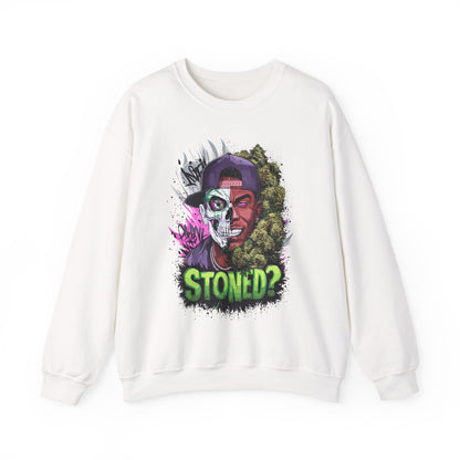 Sweatshirt— 'Stoned?' Skull Face Graphic for Cannabis Lovers