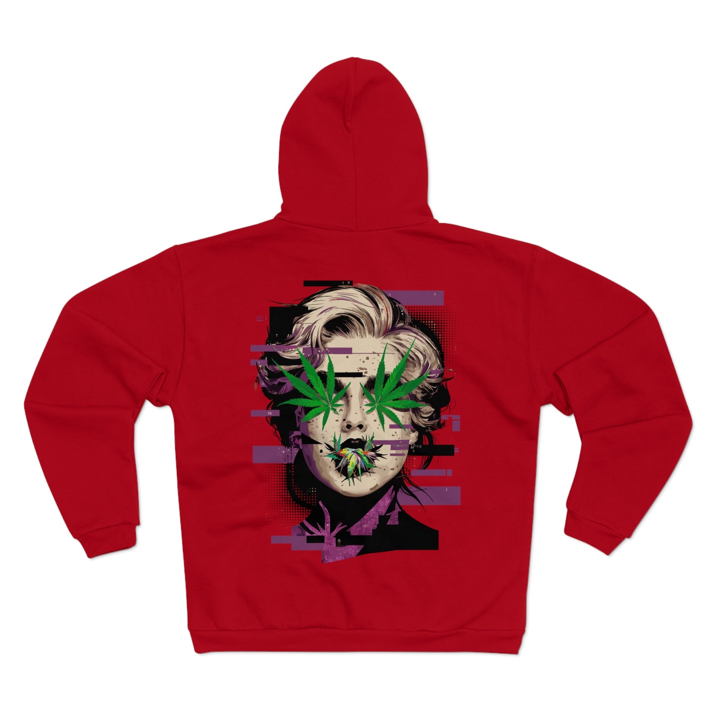 Vintage Portrait Zip Hoodie — Glitch Art Face with Cannabis Leaf Mask