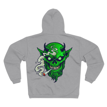 Smoking Goblin Zip Hoodie — Neon Green Demon Skull Back Graphic