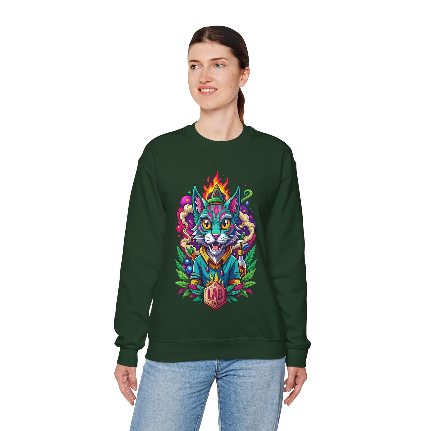 Psychedelic Flame Cat Graphic Sweatshirt — Colorful Trippy Cat Design