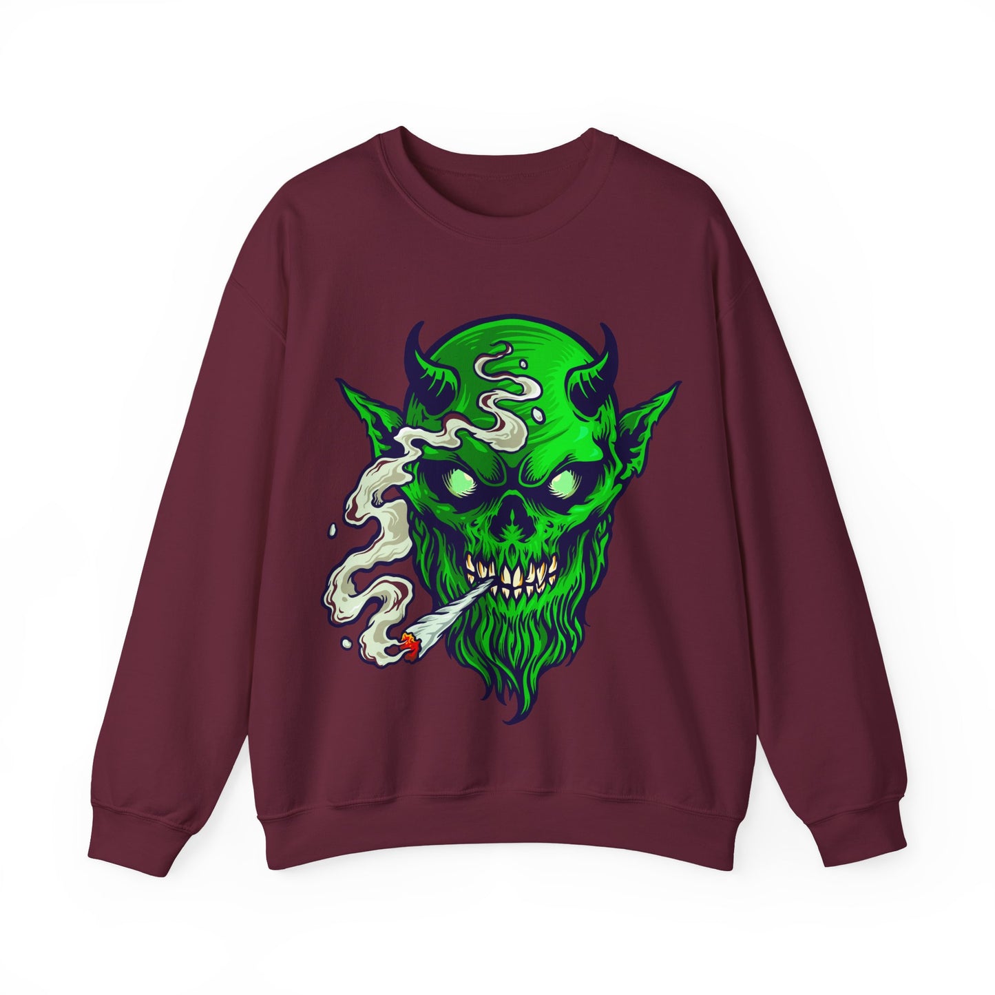 Smoking Green Demon Skull Sweatshirt — Creepy Stoner Graphic