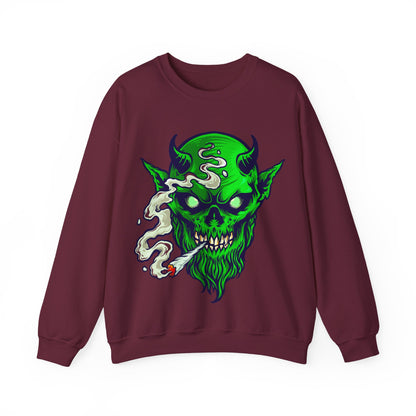 Smoking Green Demon Skull Sweatshirt — Creepy Stoner Graphic