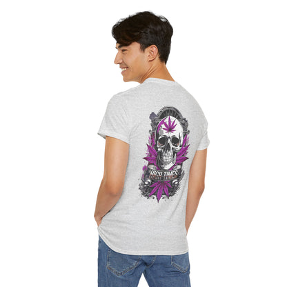 Skull & Purple Cannabis Leaf Tee - "High Times" Graphic T-Shirt Both