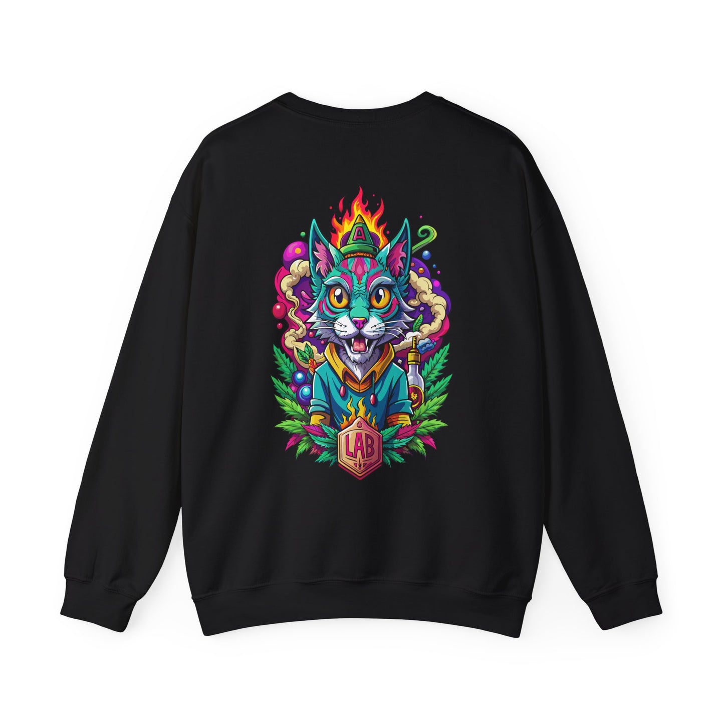 Psychedelic Flame Cat Graphic Sweatshirt — Colorful Trippy Cat Design