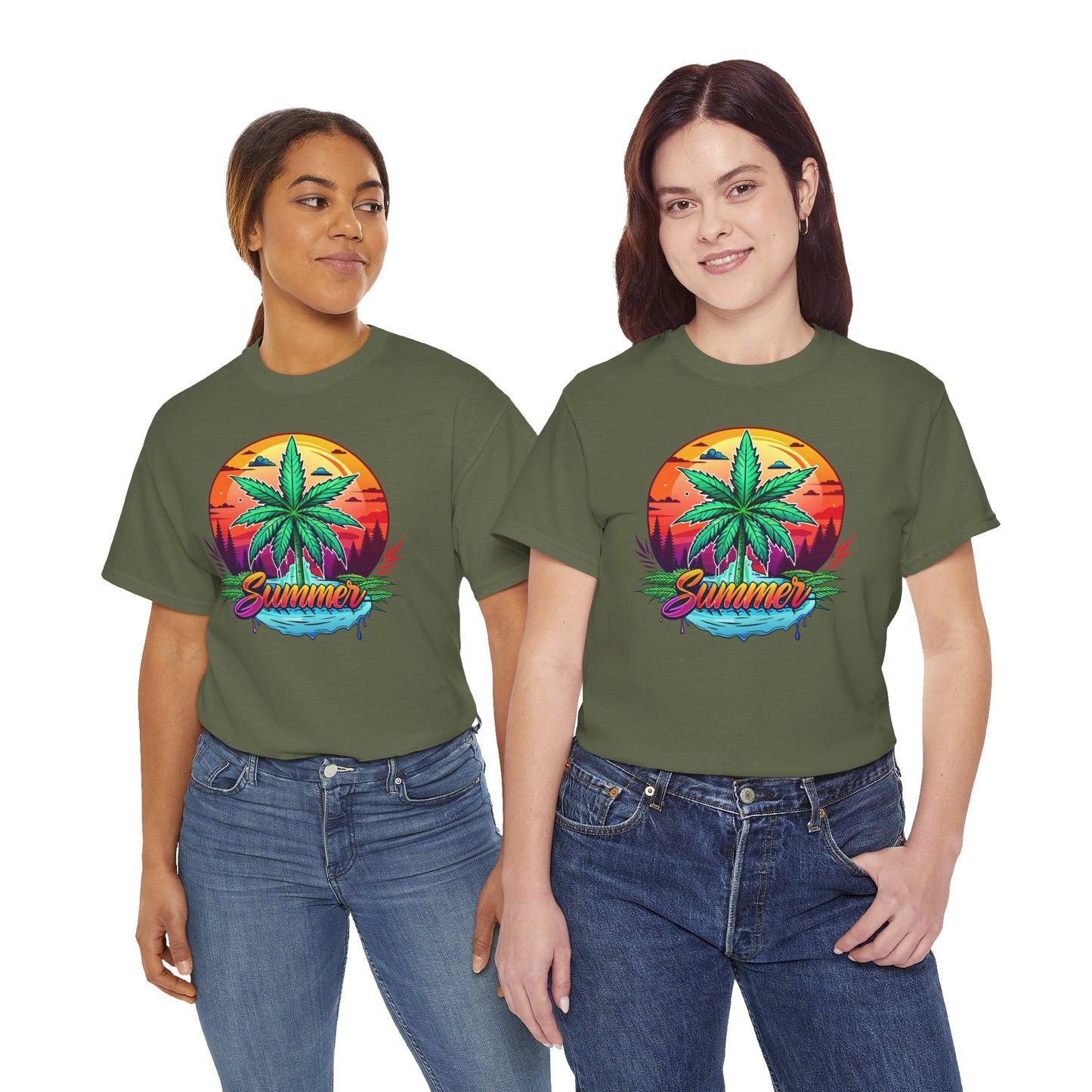 Summer Cannabis Leaf T-Shirt – Retro Tropical Sunset Tee Both