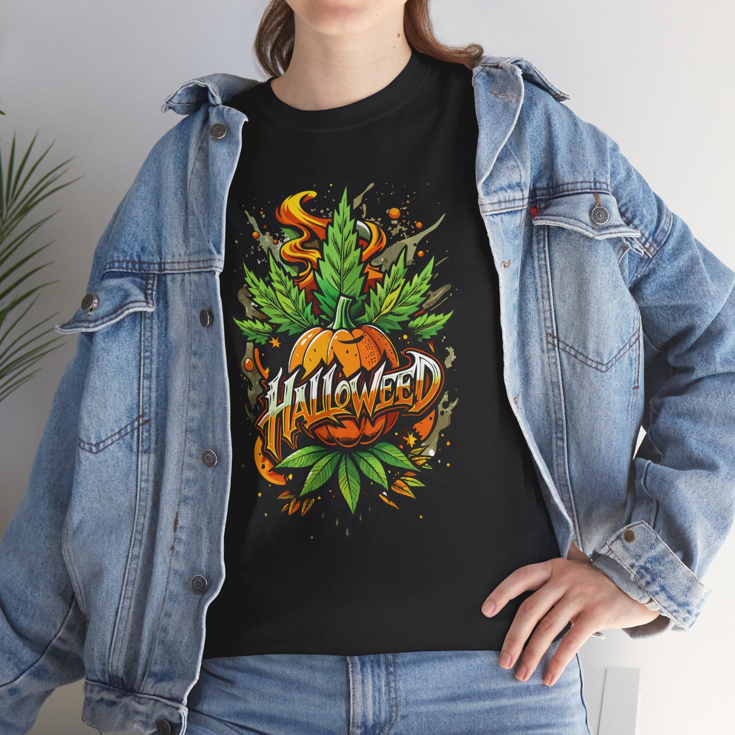 Halloween Pumpkin Graphic Tee — 'Halloween' Pumpkin & Leaves Illustration