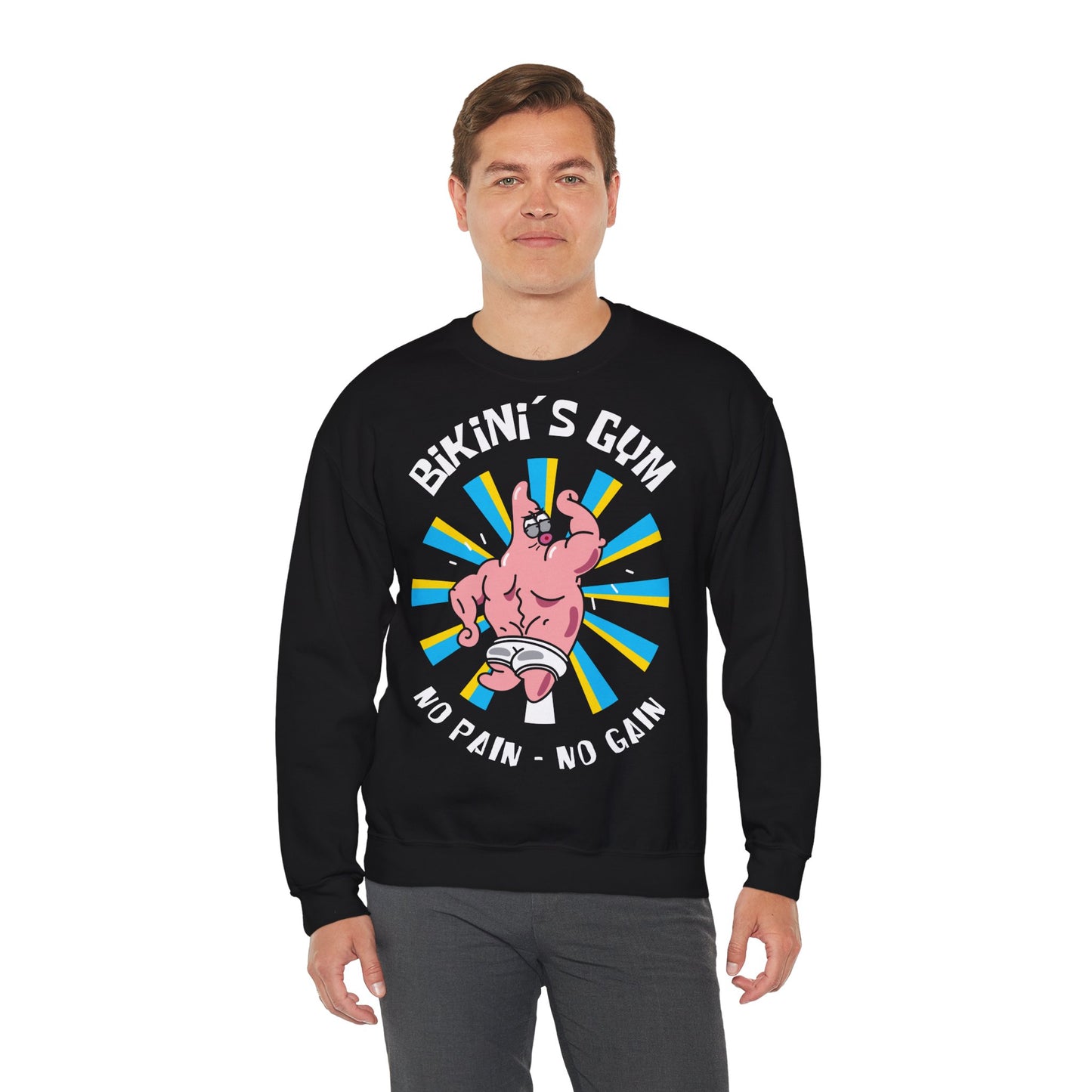 Funny Fitness Unisex Heavy Blend™ Crewneck Sweatshirt - 'Bikini's Gym - No Pain No Gain' Black