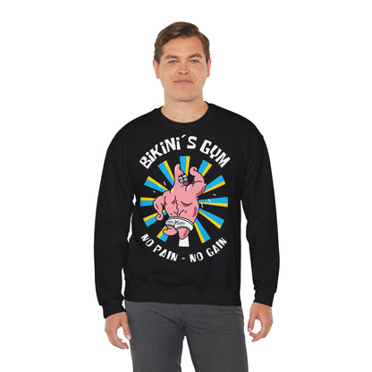 Funny Fitness Unisex Heavy Blend™ Crewneck Sweatshirt - 'Bikini's Gym - No Pain No Gain' Black