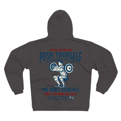 Motivational Fitness Unisex Hooded Zip Sweatshirt - 'Push Yourself' Graphic'