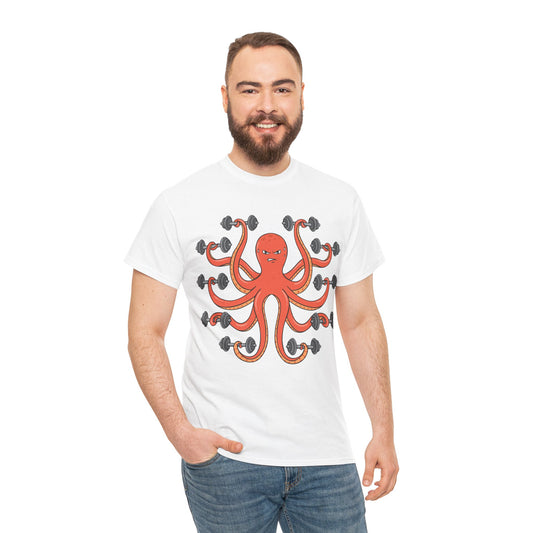Muscle Octopus Unisex Heavy Cotton Tee - Fun Workout Shirt for Fitness Enthusiasts White