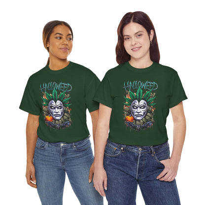 Hallowed Harvest Tee — Halloween Mask & Pumpkin Graphic T-Shirt