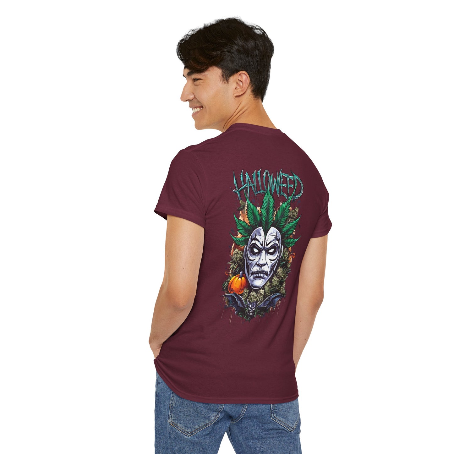 Hallowed Harvest Tee — Halloween Mask & Pumpkin Graphic T-Shirt
