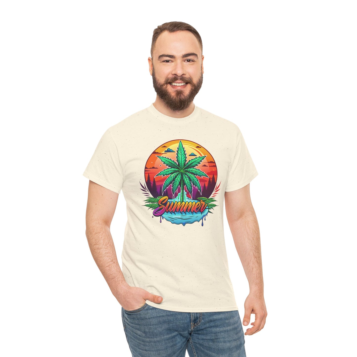 Summer Cannabis Leaf T-Shirt – Retro Tropical Sunset Tee Both