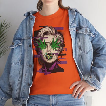 Vintage Portrait Tee — Glitch Art Face with Cannabis Leaf Mask