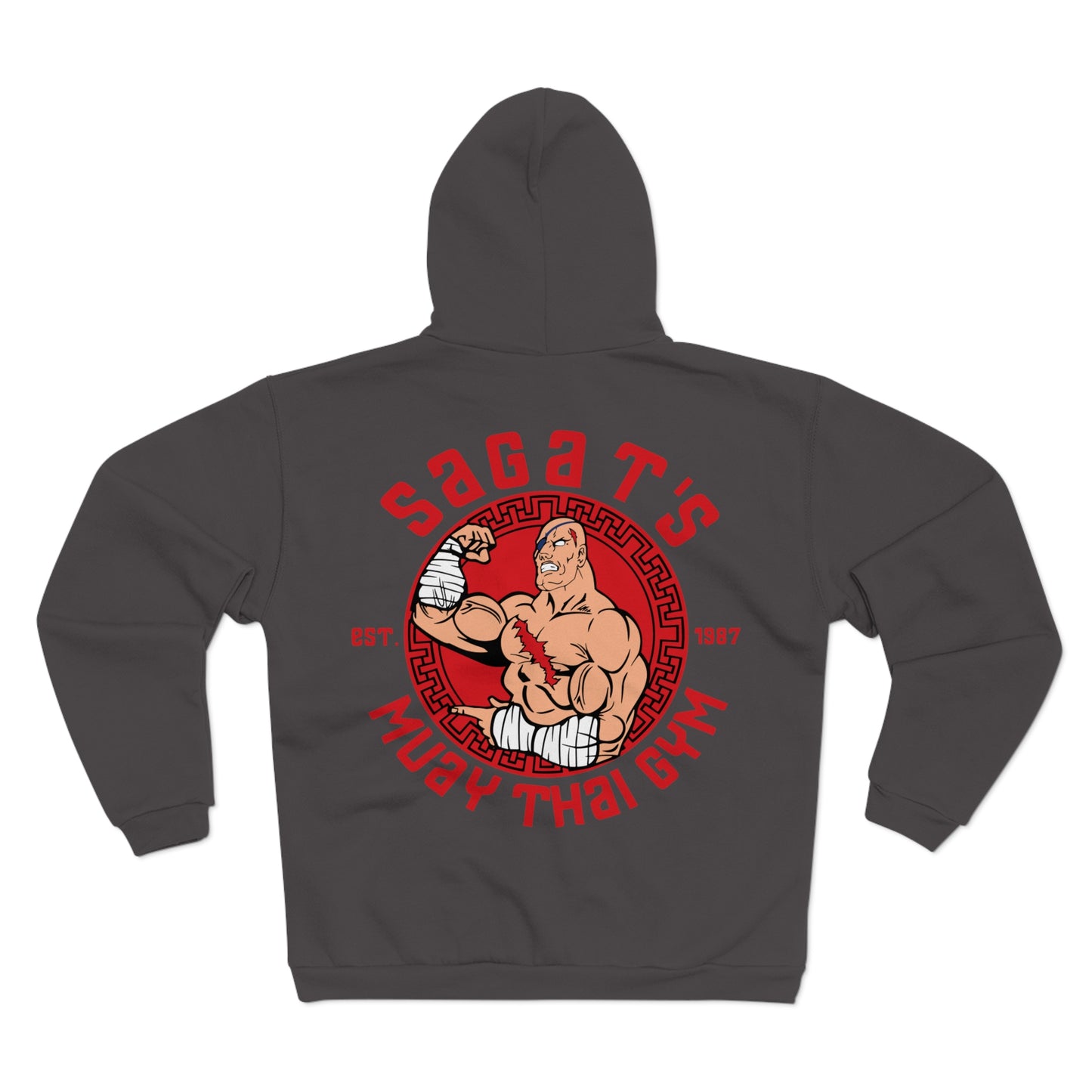 Sagat's Muay Thai Gym Unisex Hooded Zip Sweatshirt - Athletic Style for Fitness Enthusiasts
