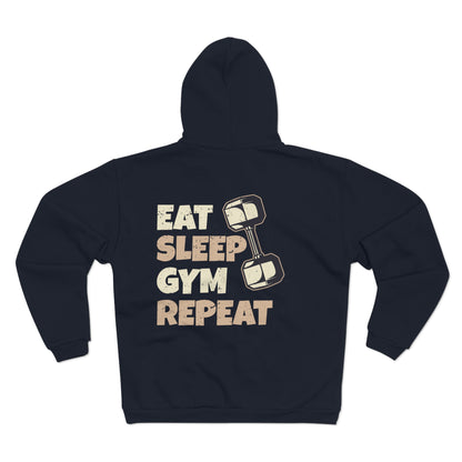 Eat Sleep Gym Repeat Unisex Hooded Zip Sweatshirt - Perfect for Fitness Enthusiasts