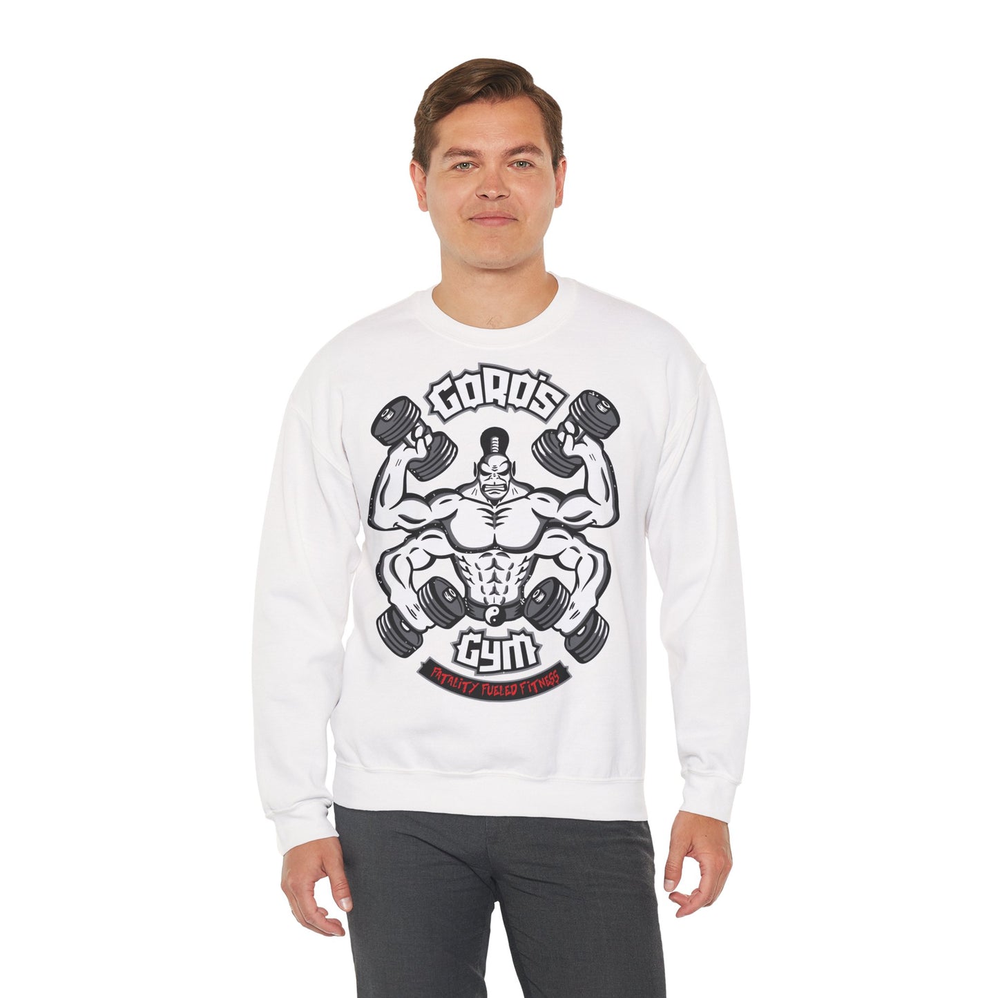 Goro's Gym Graphic Crewneck Sweatshirt - Perfect for Fitness Enthusiasts White