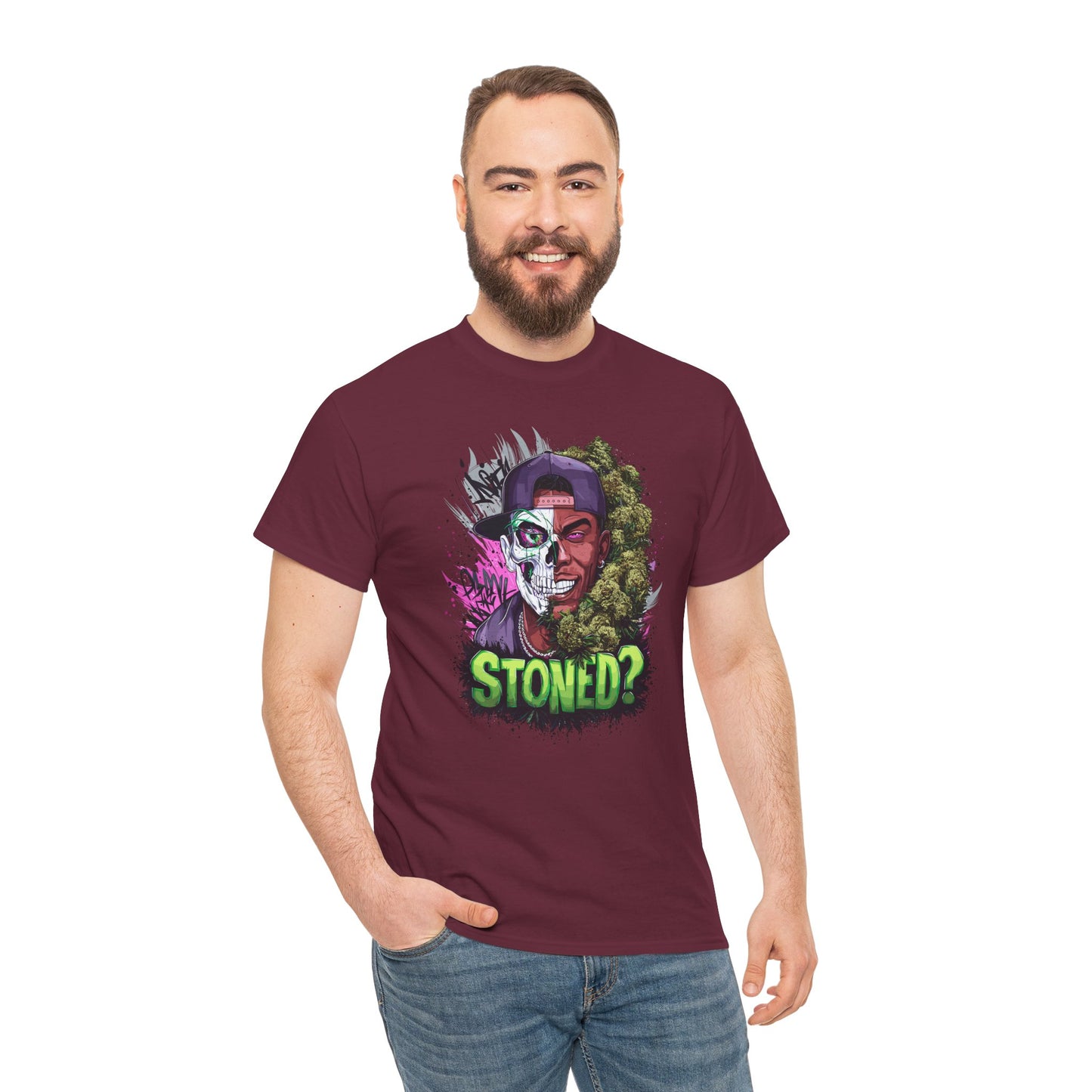 T-Shirt — 'Stoned?' Skull Face Graphic Tee for Cannabis Lovers
