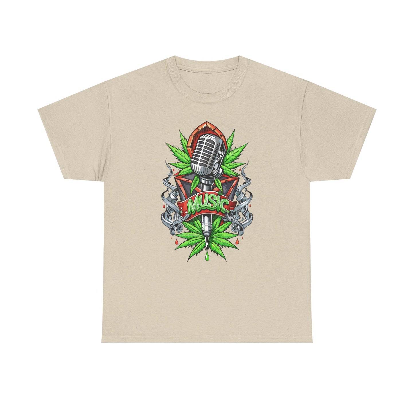 Music Microphone Tee — Retro Mic & Leaf Graphic T-Shirt