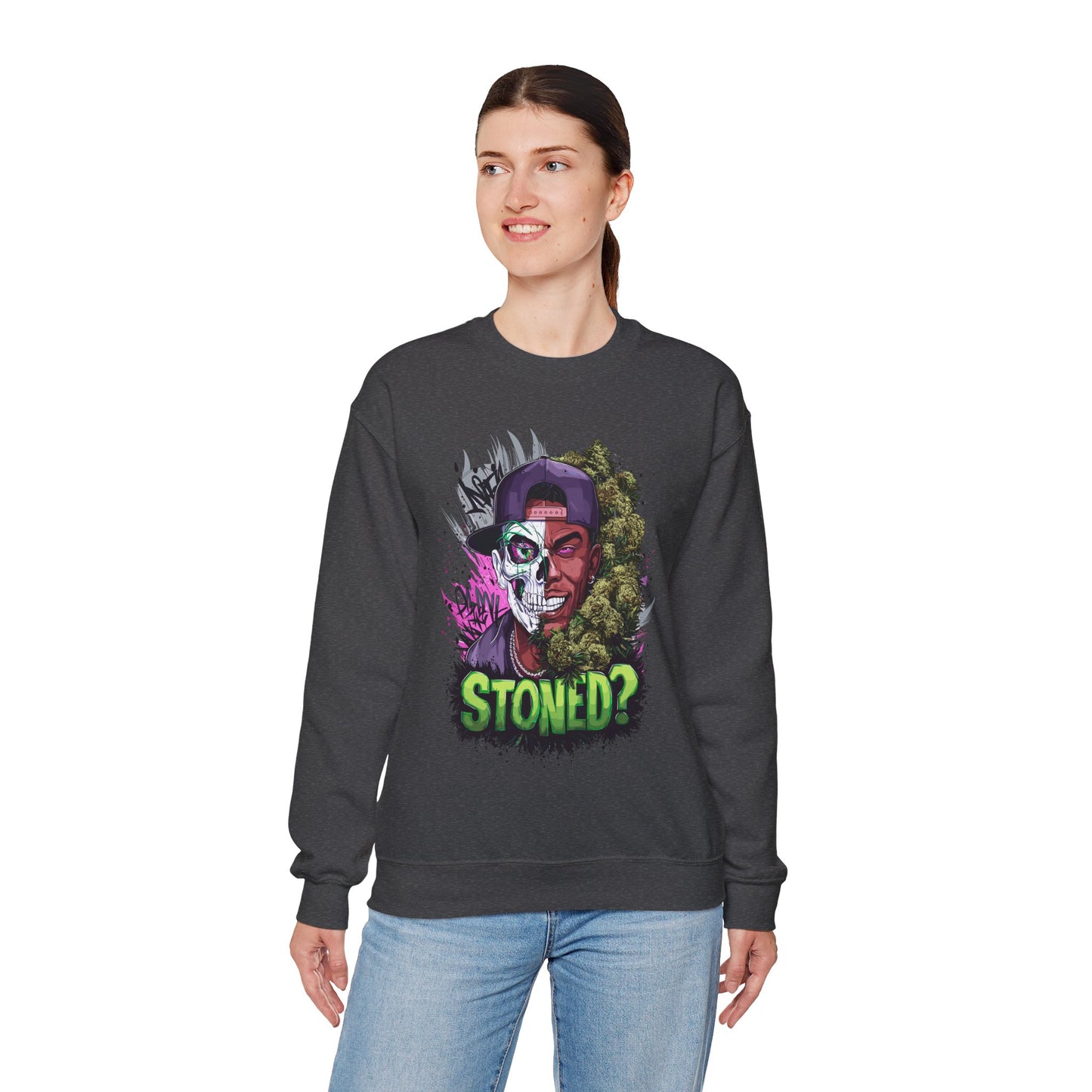 Sweatshirt— 'Stoned?' Skull Face Graphic for Cannabis Lovers