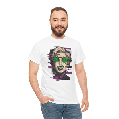 Vintage Portrait Tee — Glitch Art Face with Cannabis Leaf Mask