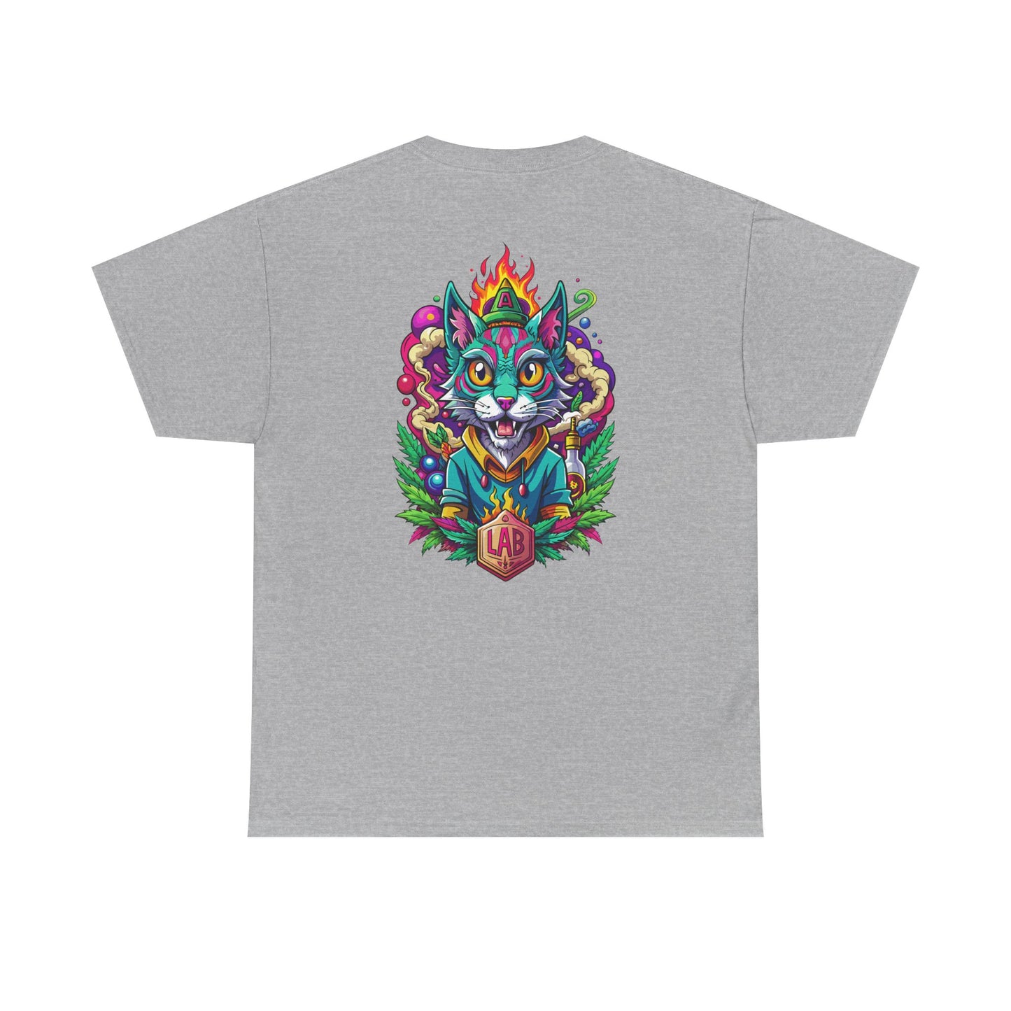 Psychedelic Flame Cat Graphic Tee — Colorful Trippy Cat Design