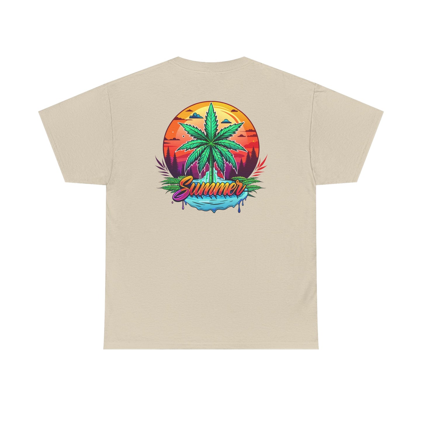 Summer Cannabis Leaf T-Shirt – Retro Tropical Sunset Tee Both