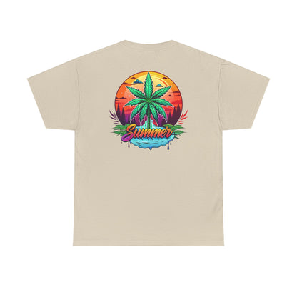 Summer Cannabis Leaf T-Shirt – Retro Tropical Sunset Tee Both