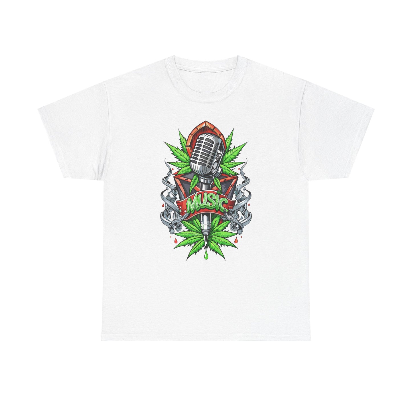 Music Microphone Tee — Retro Mic & Leaf Graphic T-Shirt