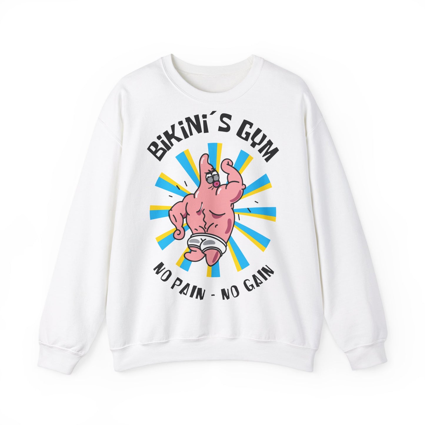 Funny Fitness Unisex Heavy Blend™ Crewneck Sweatshirt - 'Bikini's Gym - No Pain No Gain' White