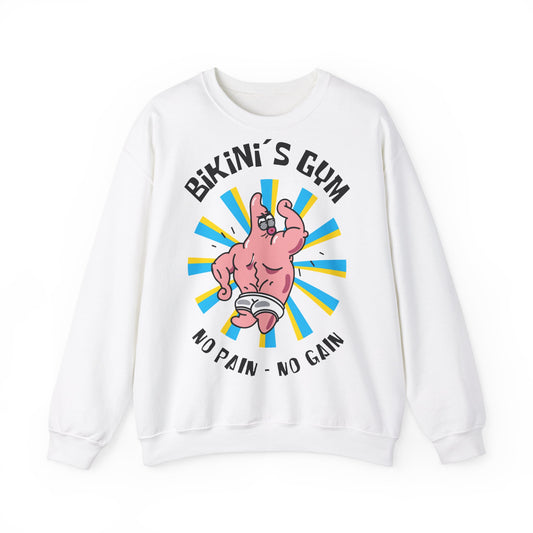 Funny Fitness Unisex Heavy Blend™ Crewneck Sweatshirt - 'Bikini's Gym - No Pain No Gain' White