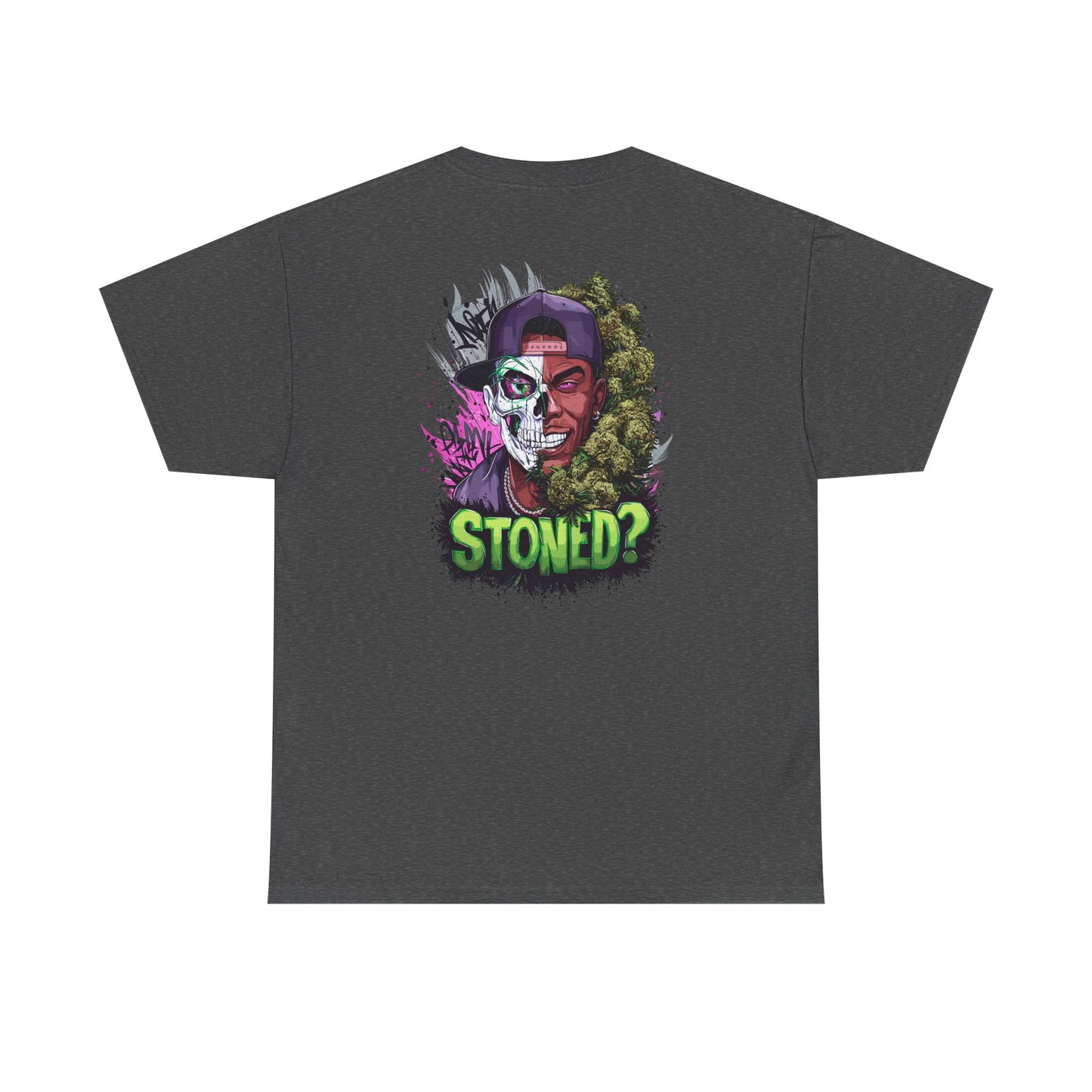 T-Shirt — 'Stoned?' Skull Face Graphic Tee for Cannabis Lovers
