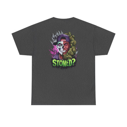 T-Shirt — 'Stoned?' Skull Face Graphic Tee for Cannabis Lovers